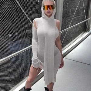 One Sleeve Knit Asymmetric Midi Dresses Skinny Ribbed Hooded Streetwear Baddie Clothes